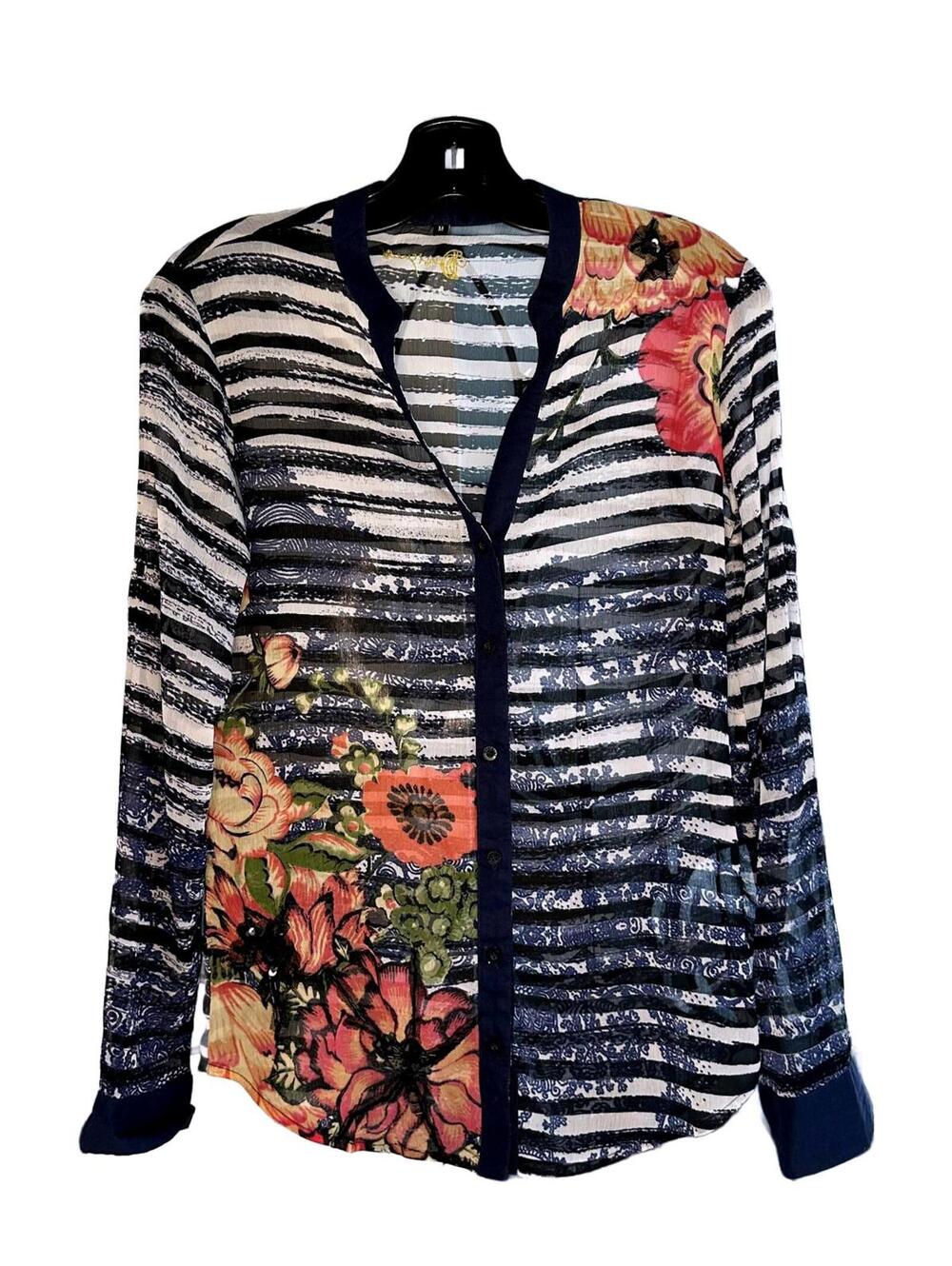 Desigual Shear Floral Striped Long Sleeve Blouse with Black Sequins - Medium